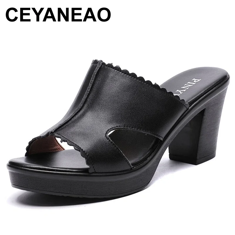 

CEYANEAOGenuine leather women slippers women large sandals 35-41 open toe slippers woman thick heel shoes