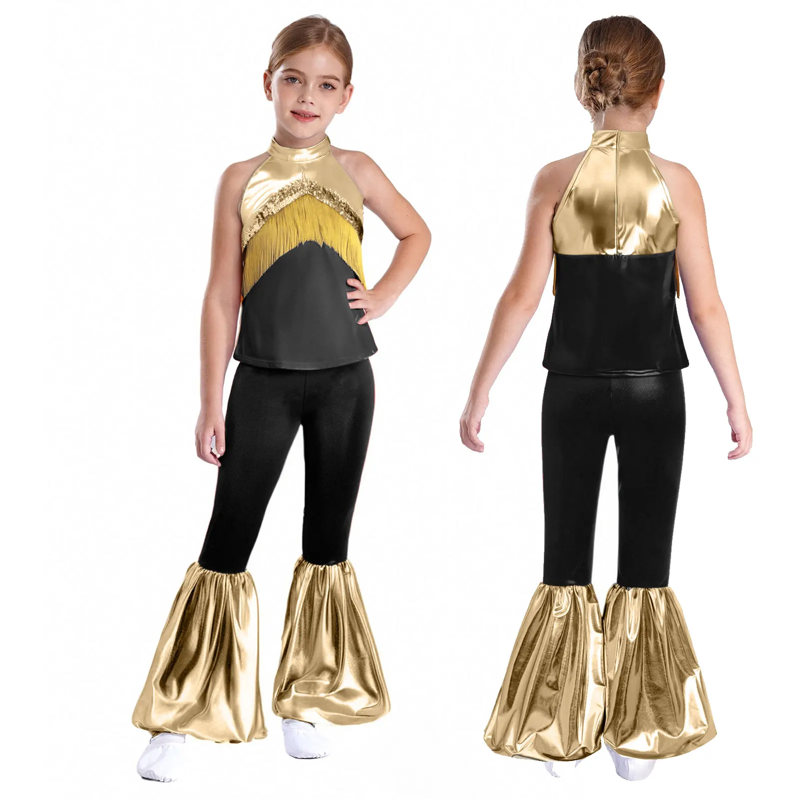 

6-16Y Girls Halloween Carnival 70-80s Disco Hippie Cosplay Costume Sleeveless Tassels Sequin Metallic Crop Top with Flared Pants
