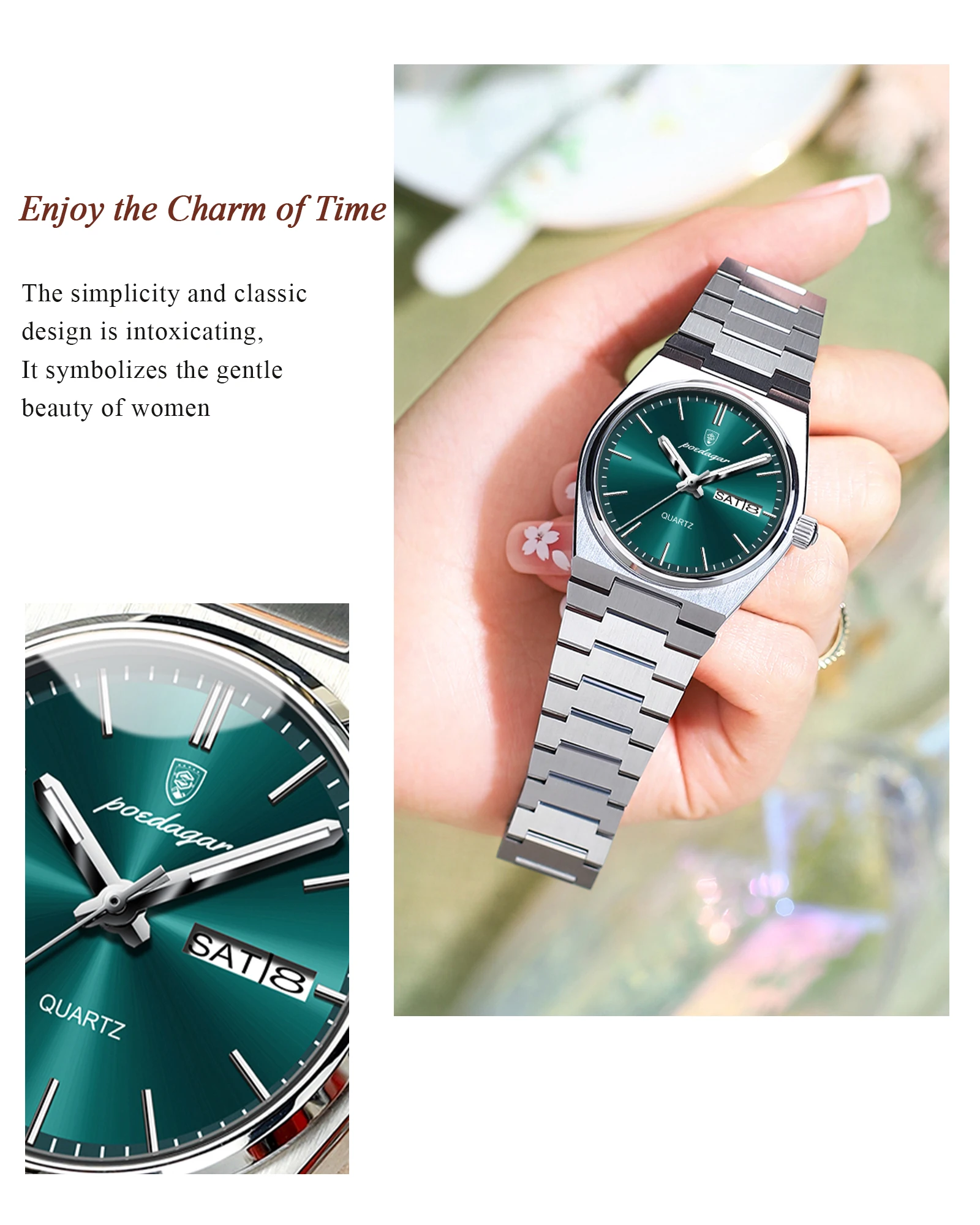 POEDAGAR Elegante Uhren Für Frauen Wasserdicht Leucht Datum Woche Damen Uhr Quarz Edelstahl Frau Mode Armbanduhr – Detail 12
