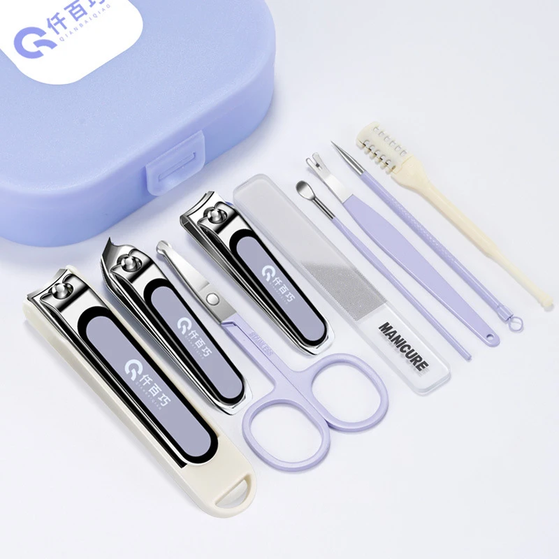Conjunto de cortador de unhas de 9 peças, anti-respingo, conjunto de estojo portátil, armazenamento portátil, ferramentas de cortador de unhas de aço inoxidável para mulheres