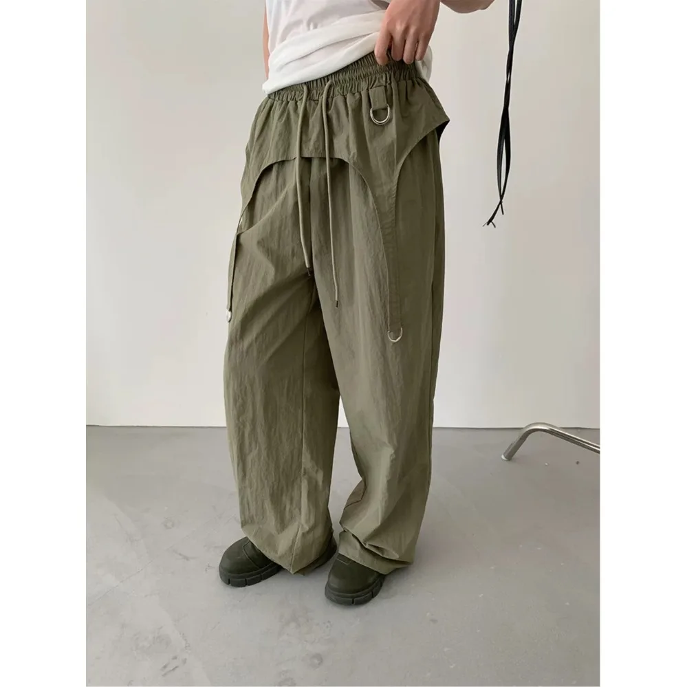 Neutral Long Straight Leg Trousers with Metal Buckle Decoration Nylon Casual Pants High Waist Wide Leg Fall Season Ladies