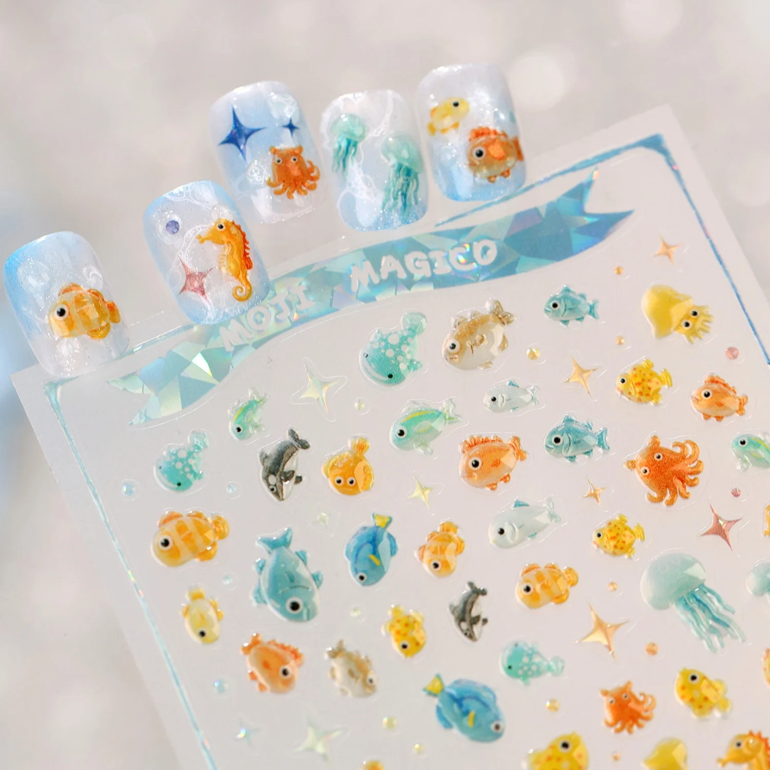 Ozeanbewohner 5D Nagelaufkleber Tropische Fische Seepferdchen Oktopus Qualle Krabbe Seestern Blasenstern Aufkleber Selbstklebende Maniküre-Dekorationen