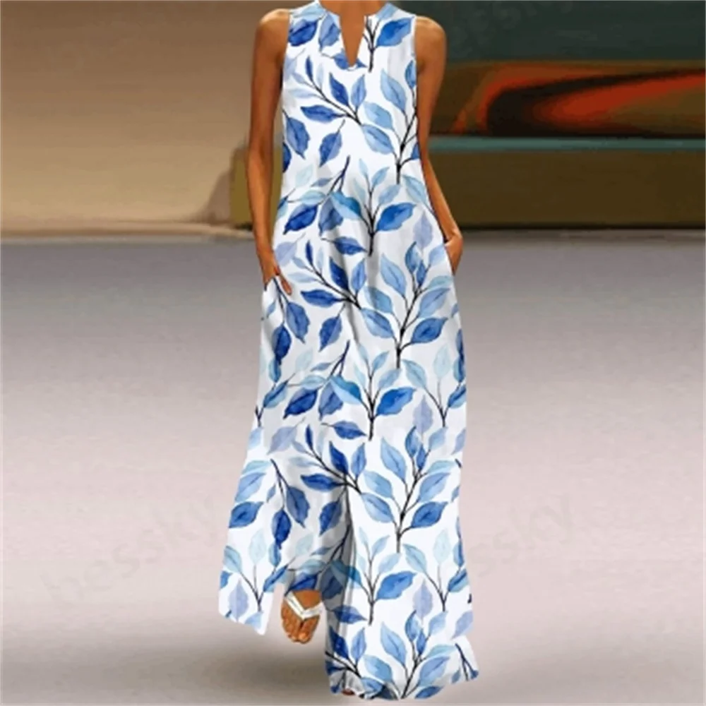 

Retro Printed Sleeveless V-Neck Pocket Dress for Women with Long Skirt