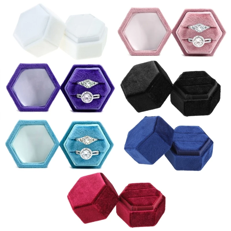 Velvet Jewelry Ring Box Engagement Wedding Box Keepsake Box Bridal Photo Ring Double Slots Octagon 7 Colors Optional