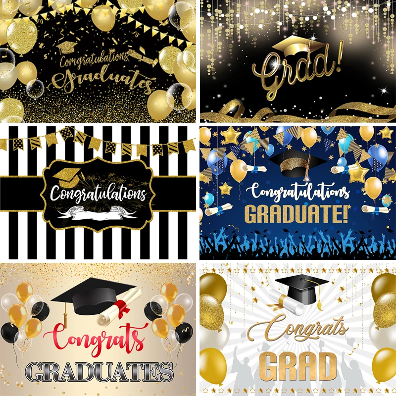 

Class of 2024 Congrats Grad Backdrop Gold Glitter Balloon Bachelor Cap Graduation Prom Party Photography Background Decor Banner