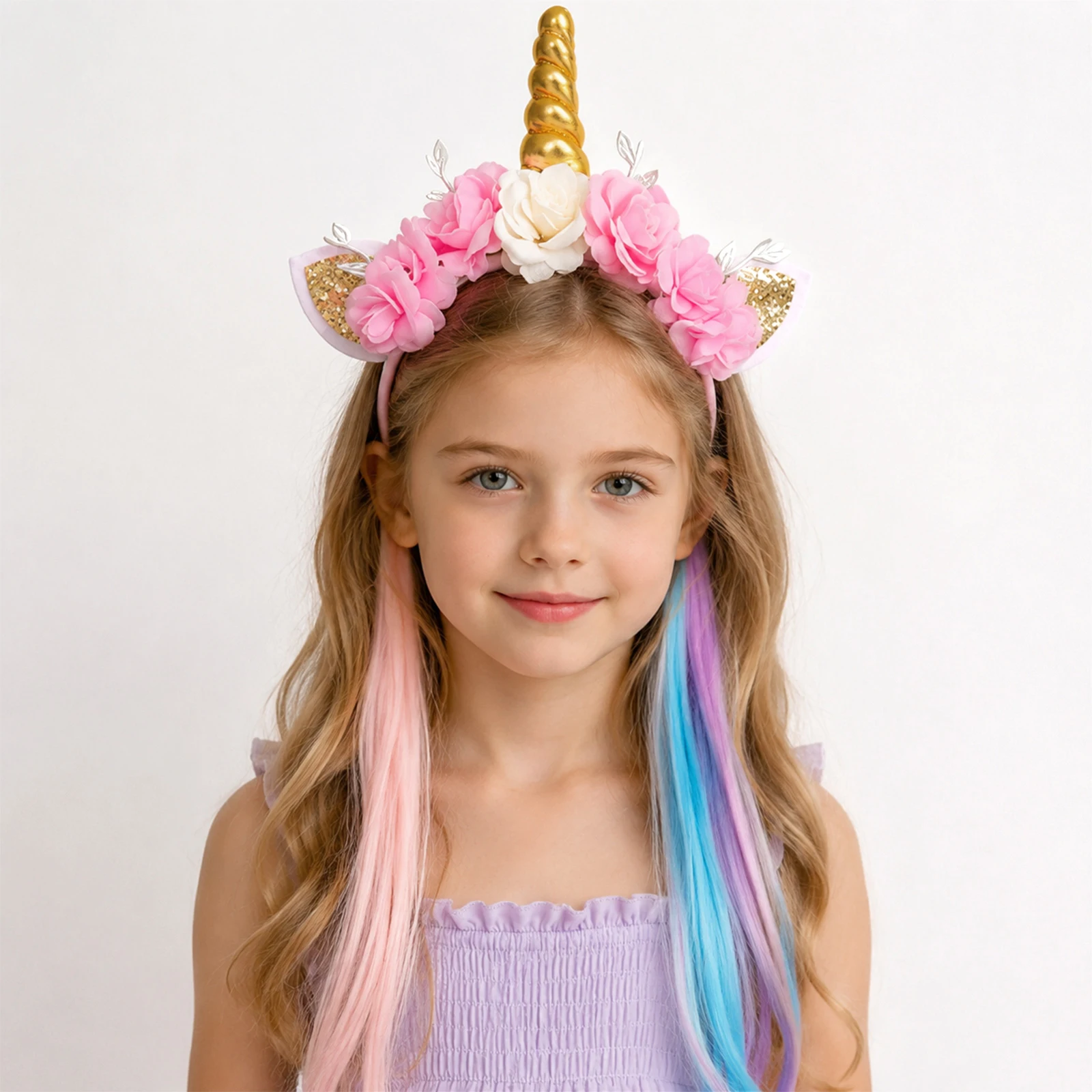 Regenbogen-Einhorn Spitzen-Haarband mit Farbverlauf und Quasten für Mädchen, Prinzessinnen-Blumen-Stirnband, Kopftuch, Haaraccessoires, Kindermode – Detail 10