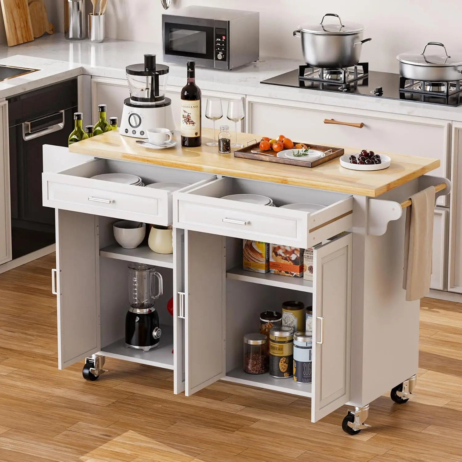 

Кухонный остров с местом для хранения, большая тележка для кухонного острова на колесиках, 54 дюйма, 2 шкафа, 2 ящика, (без откидных листьев)