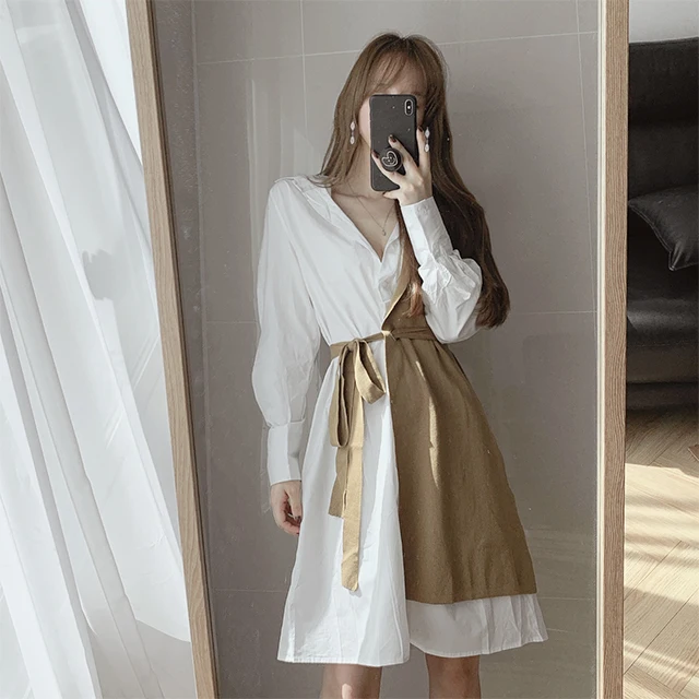 Koreańskie modne sukienki 2025 Odzież damska Elegancka i szykowna sukienka Color Block Design Sukienka z paskiem Patchwork Casual Shirt Dress