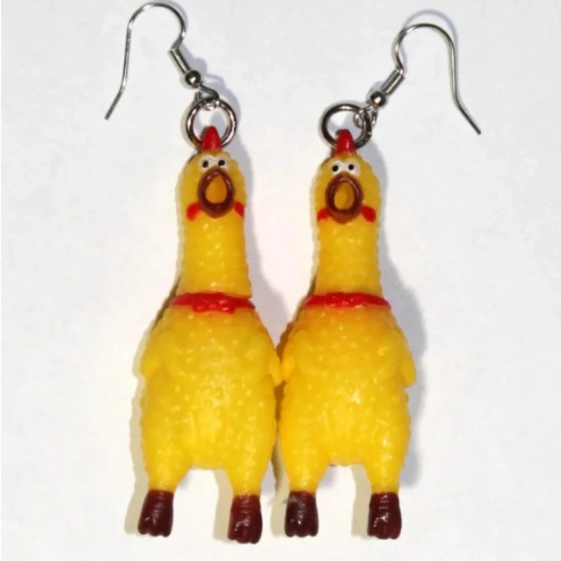 1Pair Squawking Rubber Chicken Earrings- Rooster Chick Novelty Gag Joke Jewelry