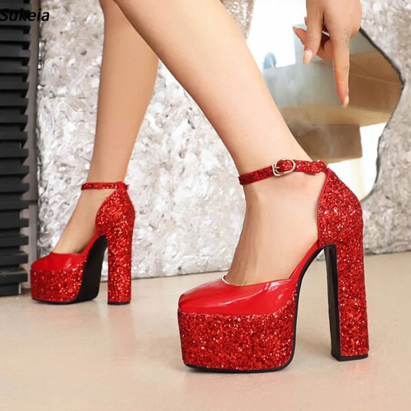 Sukeia Women Spring Pumps Buckle Strap Square Toe Fabulous Red Silver Fuchsia Night Club Shoes Ladies US Size 3-10.5