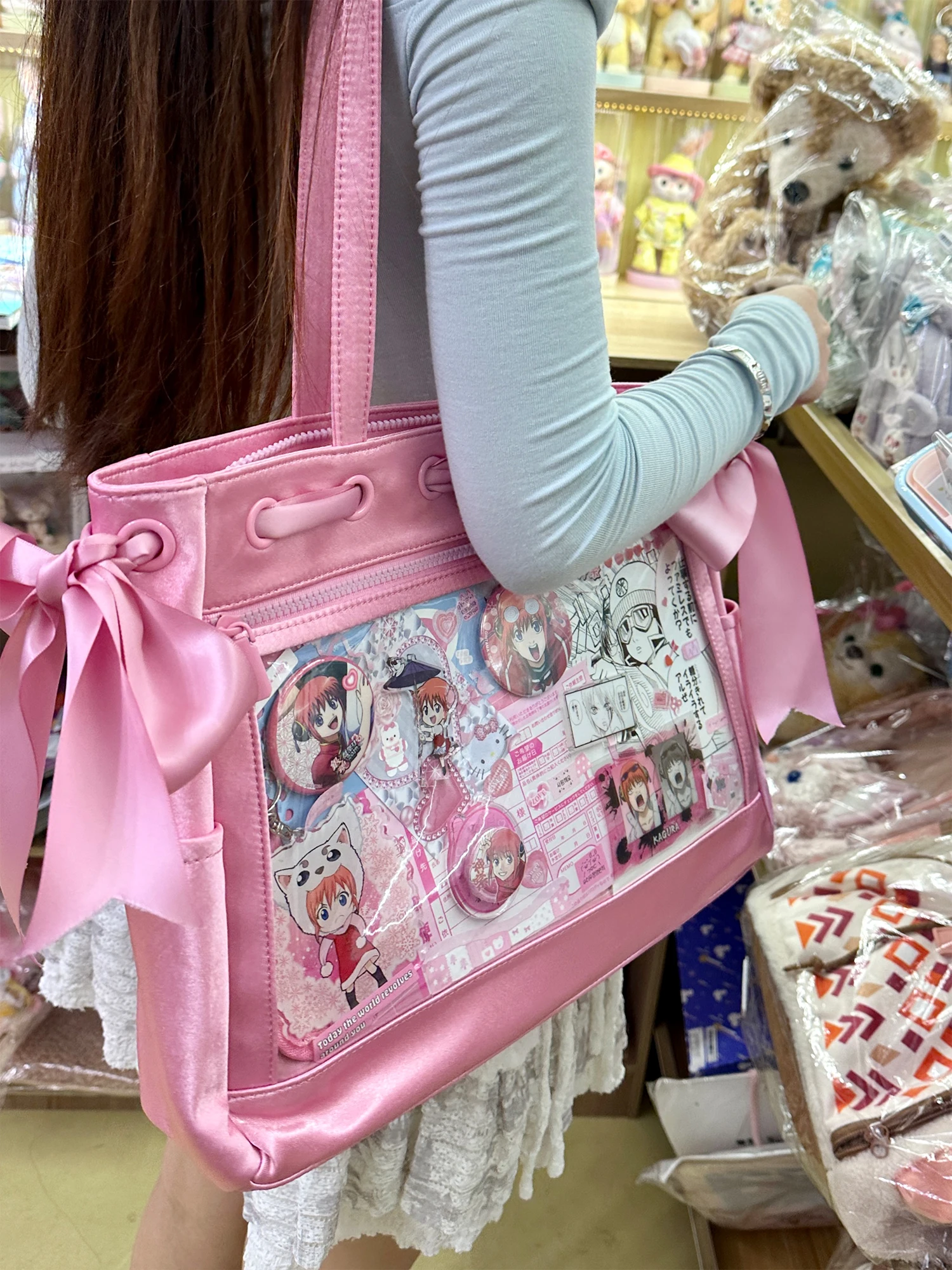 Sweet Ballet Girl Shoulder Bag Cute Transparent Itabag Handbags Satin Women's Tote Bag Ribbon Bow Double Sided Use