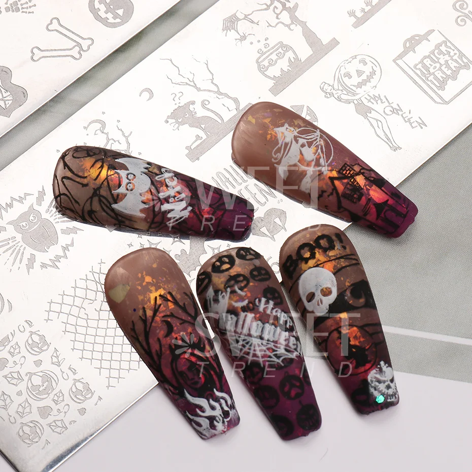 1pcs Halloween Nail Art Templates Holiday Image Stamping Plate Skeleton Hand Party Scary Decor Mold Nail Accessory Tools SWSW-H