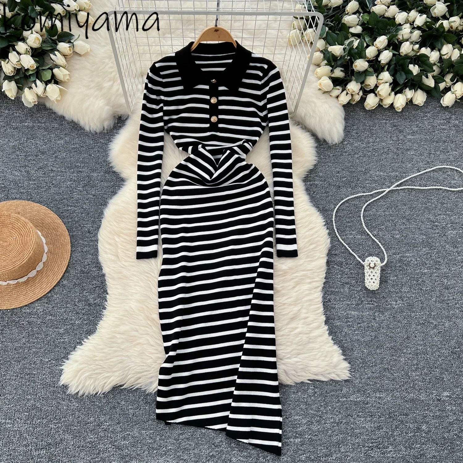 Hit Color Striped Knit Vestidos Laple Long Sleeve Vestido Women 2025 Dresses Irregular Split Dress French Style Retro Clothing