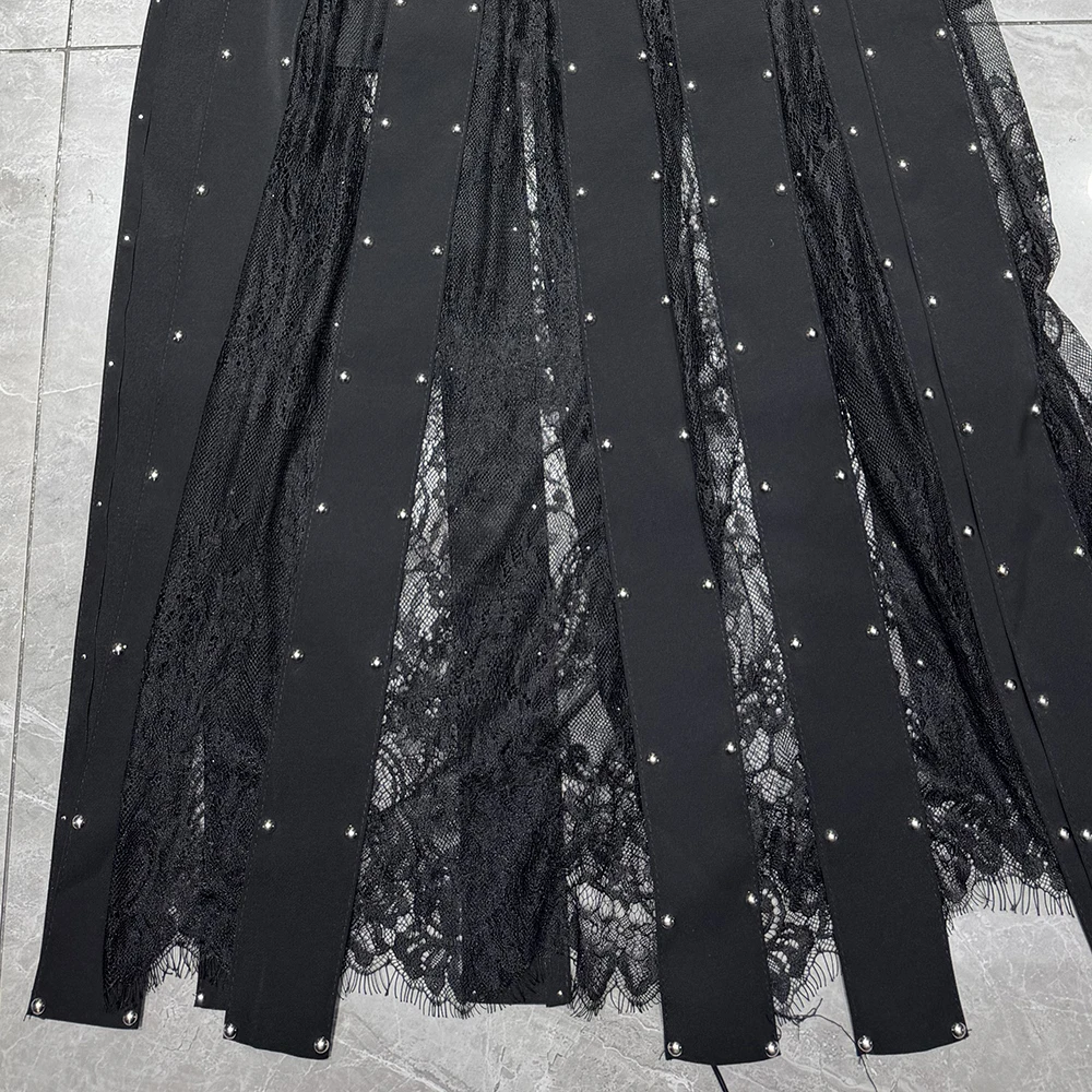 TWOTWINSTYLE Chic Black Two Piece Set for Women Lapel Long Sleeve Satin Shirt Lace Design Skirt Suit for Wedding Guest KJA560931 view 6