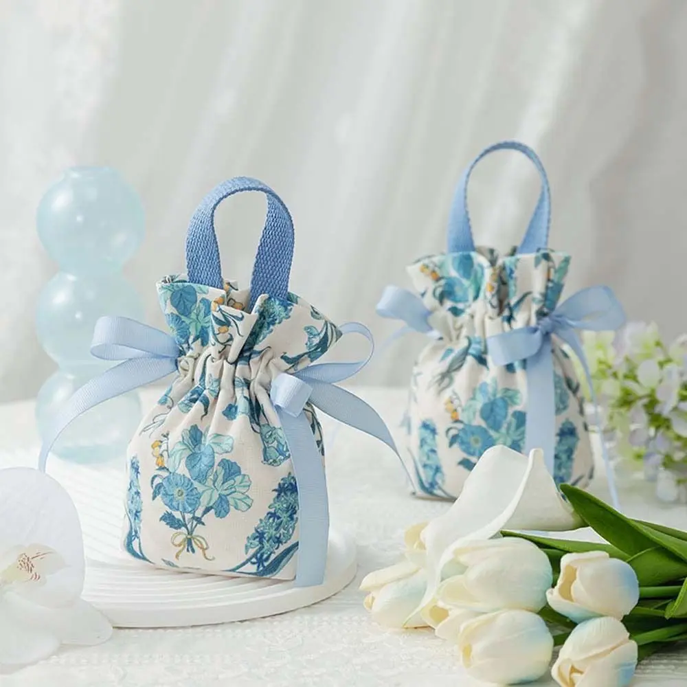 Floral Canvas Drawstring Bag Small Flower Wrist Bag Jewerly Packing Bag Wedding Candy Bag Bowknot Handbag