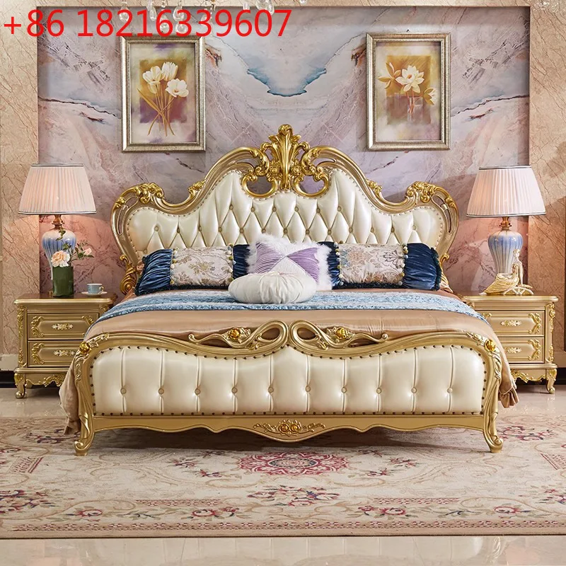 

Европейская кровать из цельного дерева 1,8 метра, двойная резная кожа, элитная роскошная кровать принцессы, свадебная кровать для главной спальни, шампанское, золото