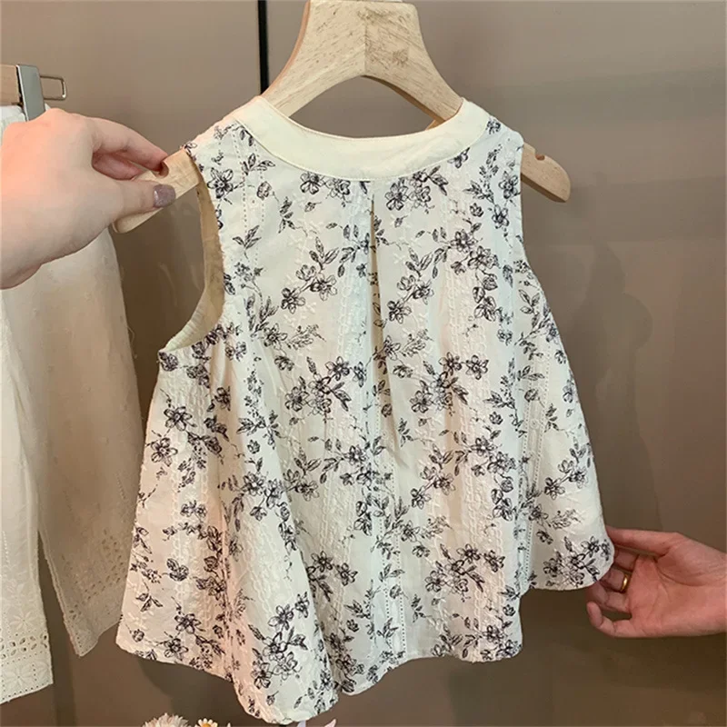 Girls Sets Floral Sleeveless Shirt Solid Loose Pants Summer New China-Chic Children Clothes Chinese Style Suit Two Piece Set