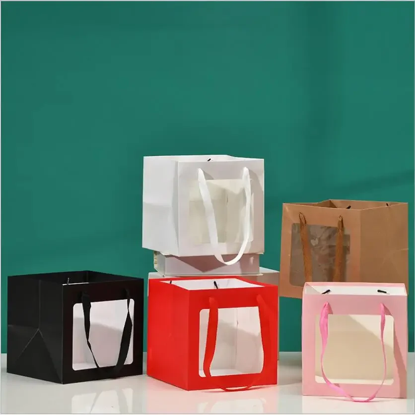 12pcs Paper Gift Bag With PVC Window Thicken Square Handle Bag For Cake Box/Potted Flowers/Jewelry/Party Gift Box Packaging Bags