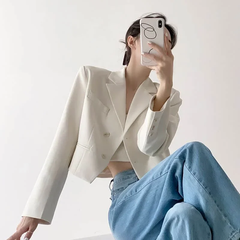 Blazers for Women Elegant Stylish Long Sleeve Casual Jackets Vintage Solid Tailored Collar Cropped Coat Korean Style Women Tops