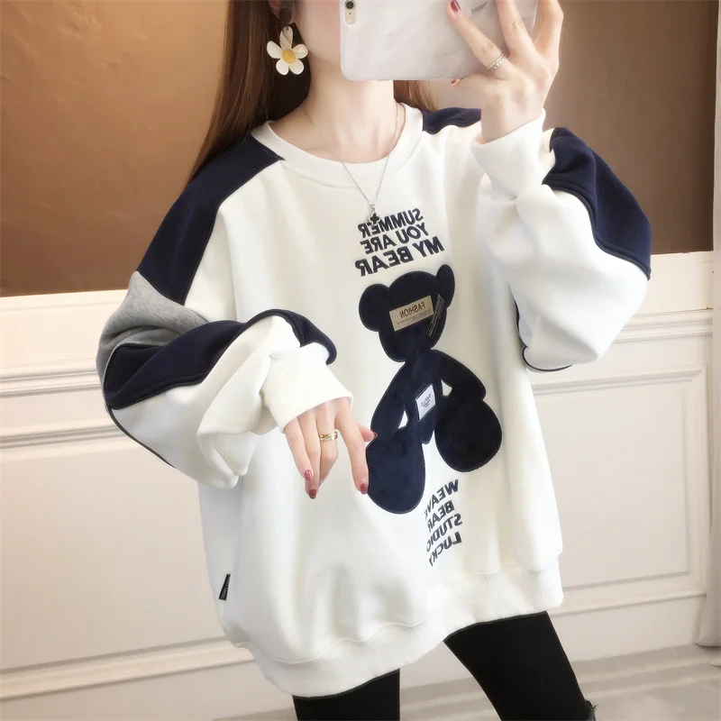 Sweatshirts Women\'s Autumn Cotton Hoodies O-neck Loose Pullovers Harajuku Girls Kawaii Bear Tops Oversized Long Sleeve Hoody