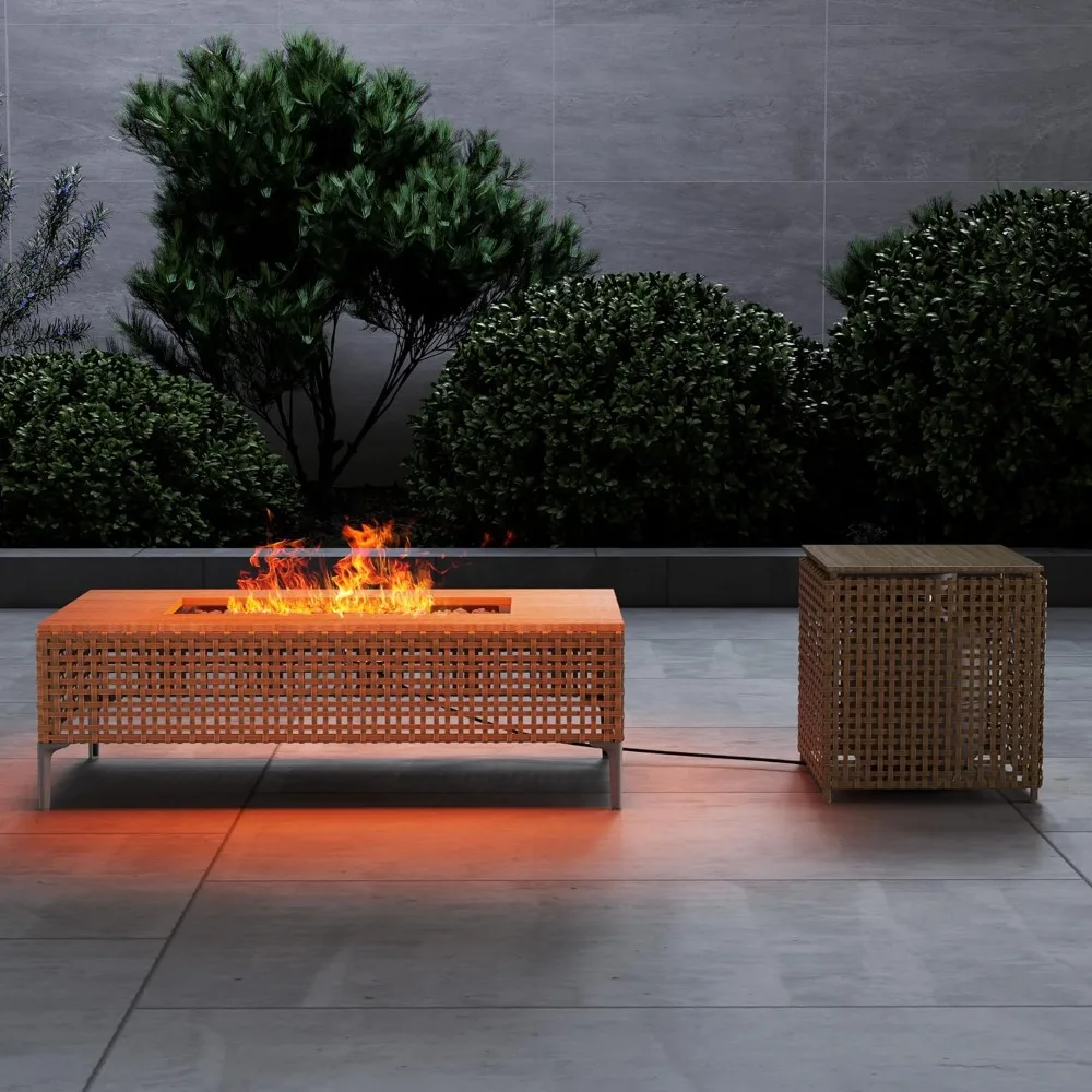 

47inch Fire Pit Table with Propane Tank Storage Box, Woodgrain Tabletop, Lid, Lava Rock, Wicker Rectangle Propane Fire Pit Table