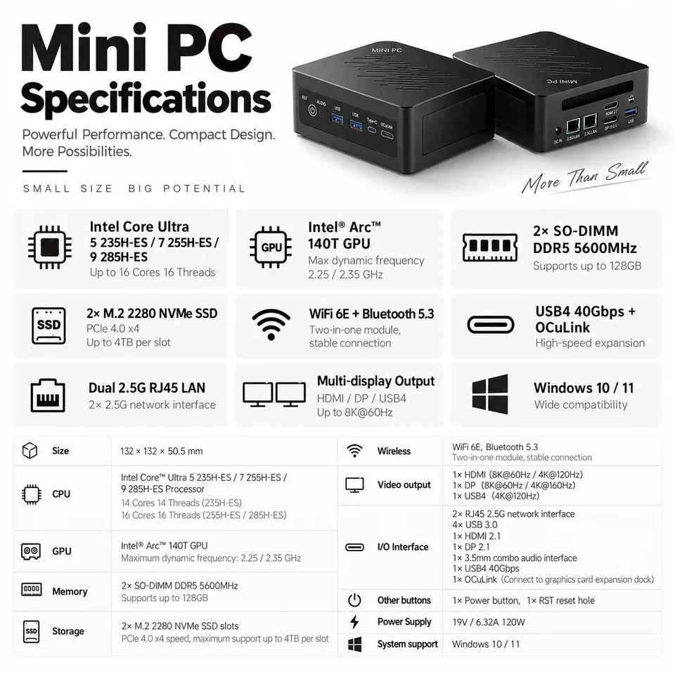 Mini PC Ultra 5 235H ES Windows 11 Pro DDR5 NVMe SSD