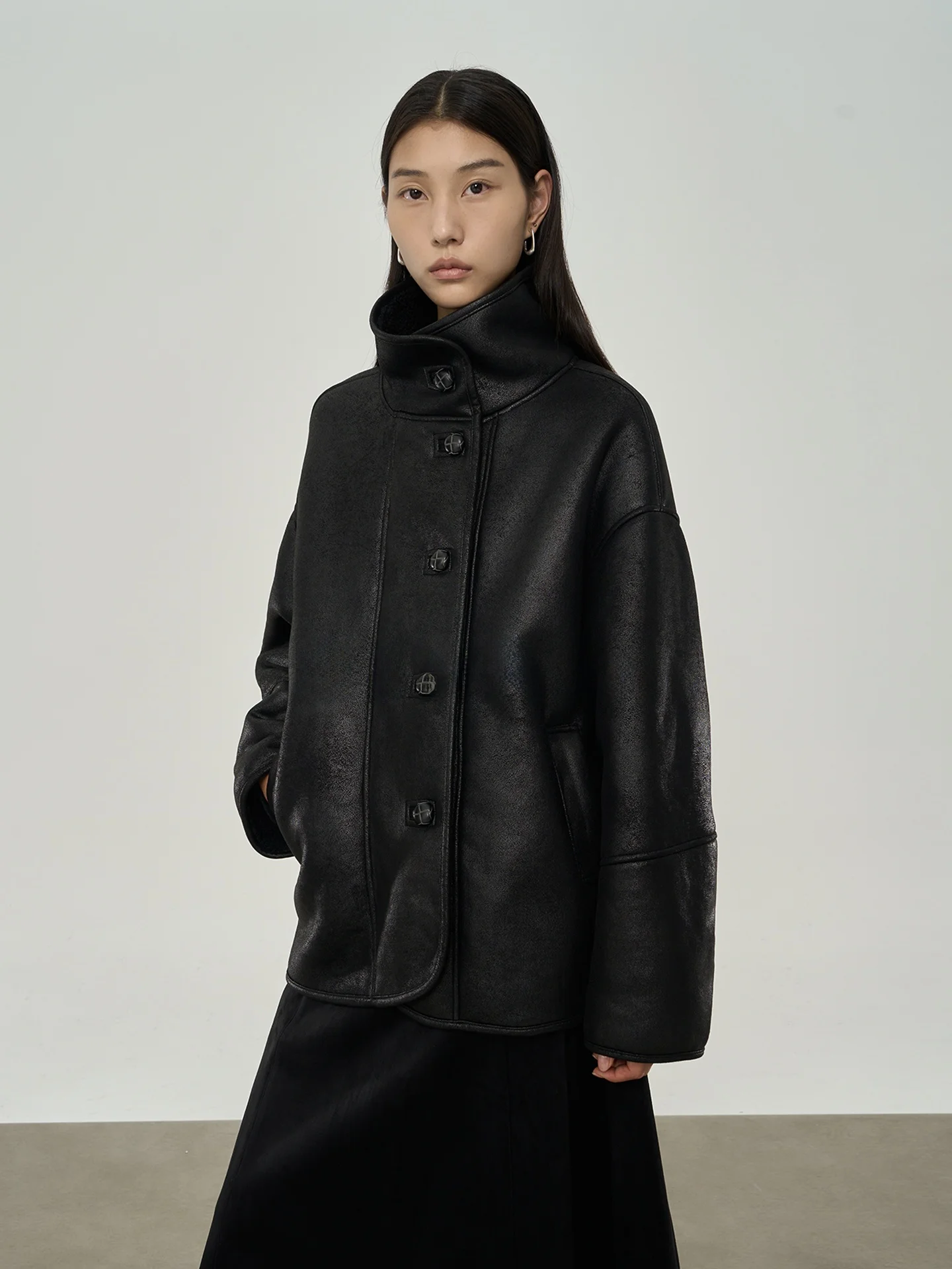 

Dan Ran Vintage Lamb Fur Jaet Women's Autumn Winter New Sle Stand Collar Fce Lined Thi Single Button Top Coat