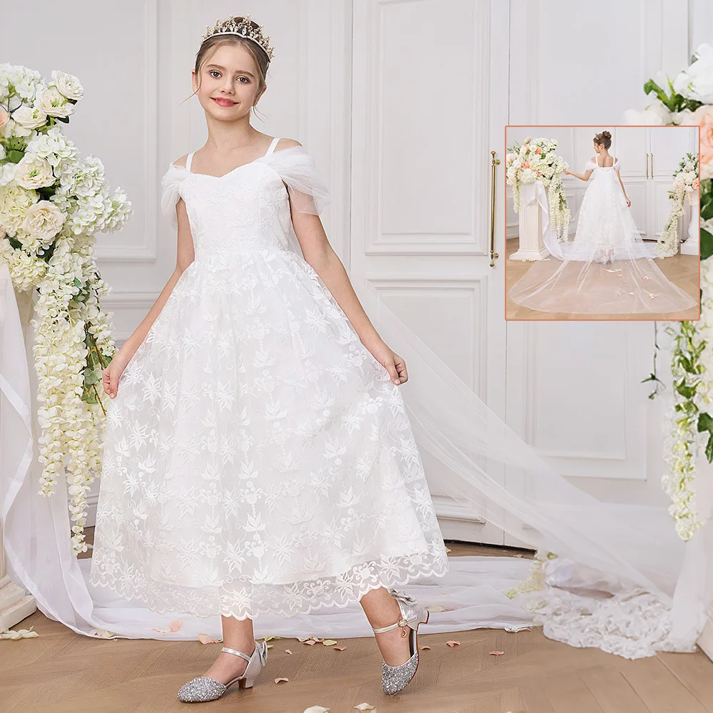 

Teenagers Girls' Ceremony Dress Long White Dress For Girl Wedding Bridesmaid Prom Gown Girls Graduation Piano Performance Dress