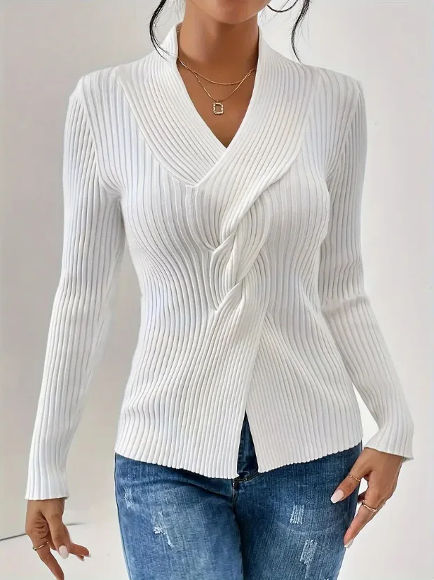 Women's Knitted Sweater with Fashionable Temperament Threaded Hem and Slit Long Sleeved Solid Color Slim Fit Sweater for Women