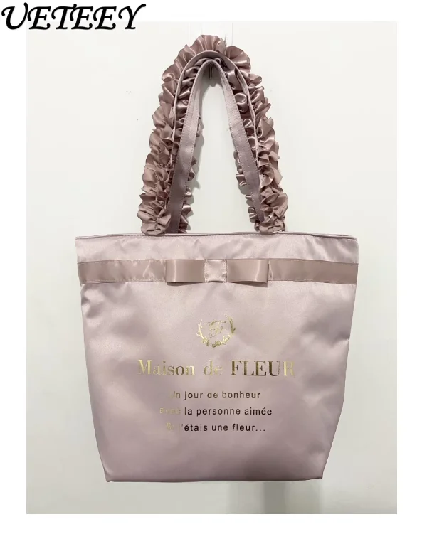 Japanese Style New Cute Denim Shoulder Bag Sweet Girl All-Match Inlaid Pearl Letter Printed Handbag for Shopping Cosmetic Bags