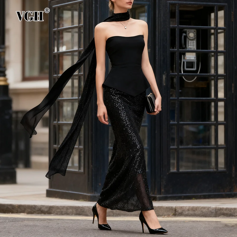 

VGH Temperament Slimming Solid Two Piece Sets For Women Strapless Sleeveless Top High Waist Skirt Sexy Set Female Fashion New