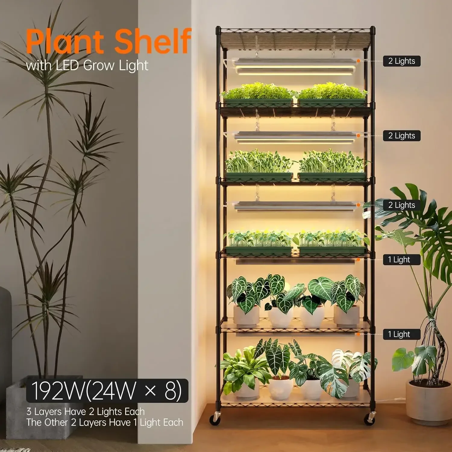 

（XMSJ-Hot）DIY Plant Shelf with Grow Lights, Grow Light Shelf with Adjustable Rack and Wheels, Plant Stand, 8-Pack 192W T8 3000K