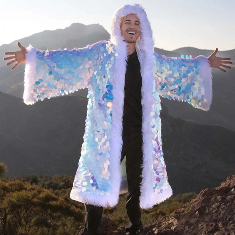 Luminous LED Costume Silver Sequin Faux Fur Men Jacket Patchwork  Applicable To Multiple Scenarios Faux Fur Coat Bar Clothing