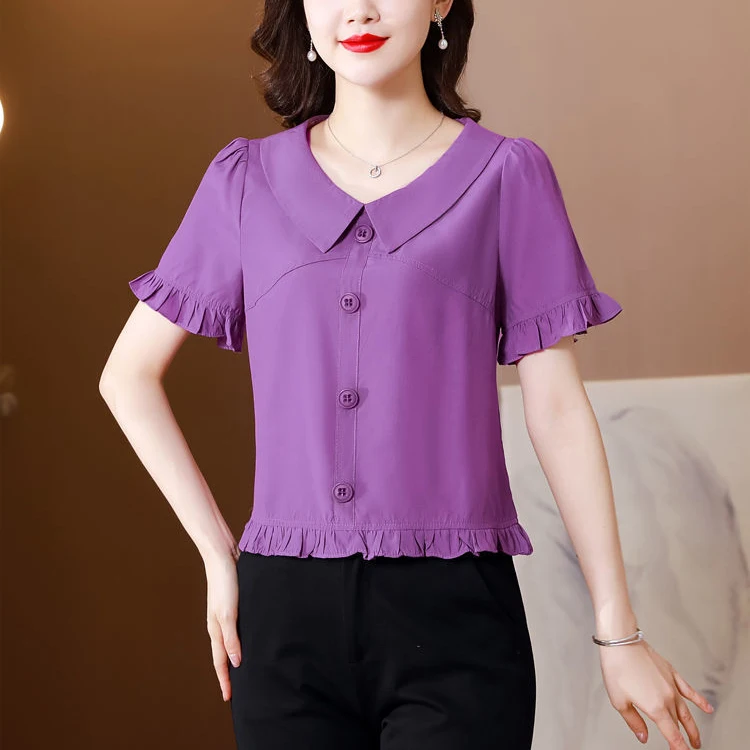 2024 Summer New Doll Collar Fashion Stylish Small Shirt Shirt Elegant Waist Short-sleeved Top Women\'s Chiffon Shirt Trendy