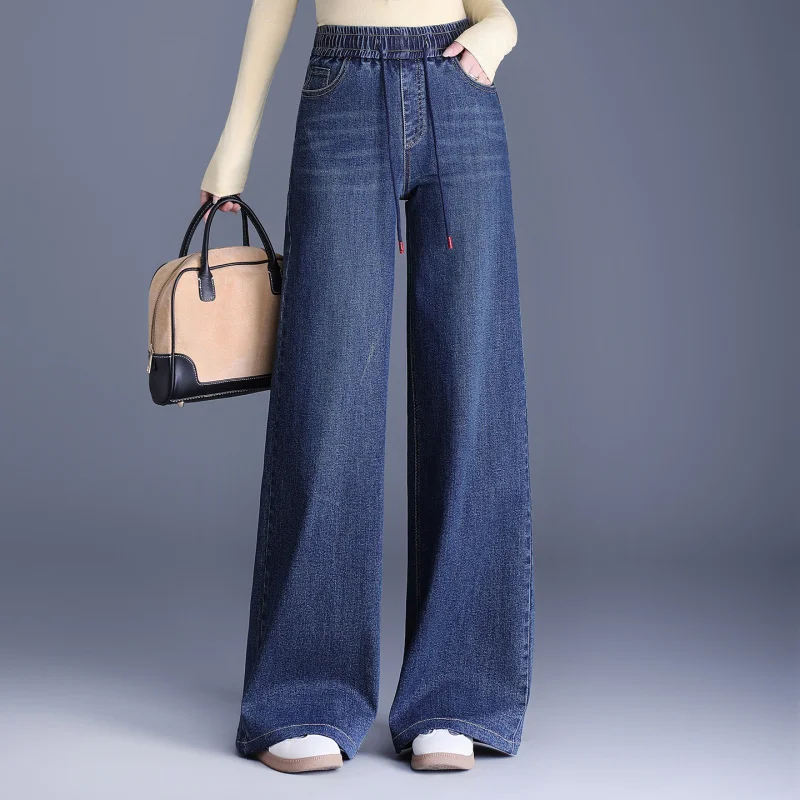 Jeans Herbst Neue Elastische Taille Plus Größe Slim Fit Breite Bein Hosen Dehnbare Drapierte frauen Hosen