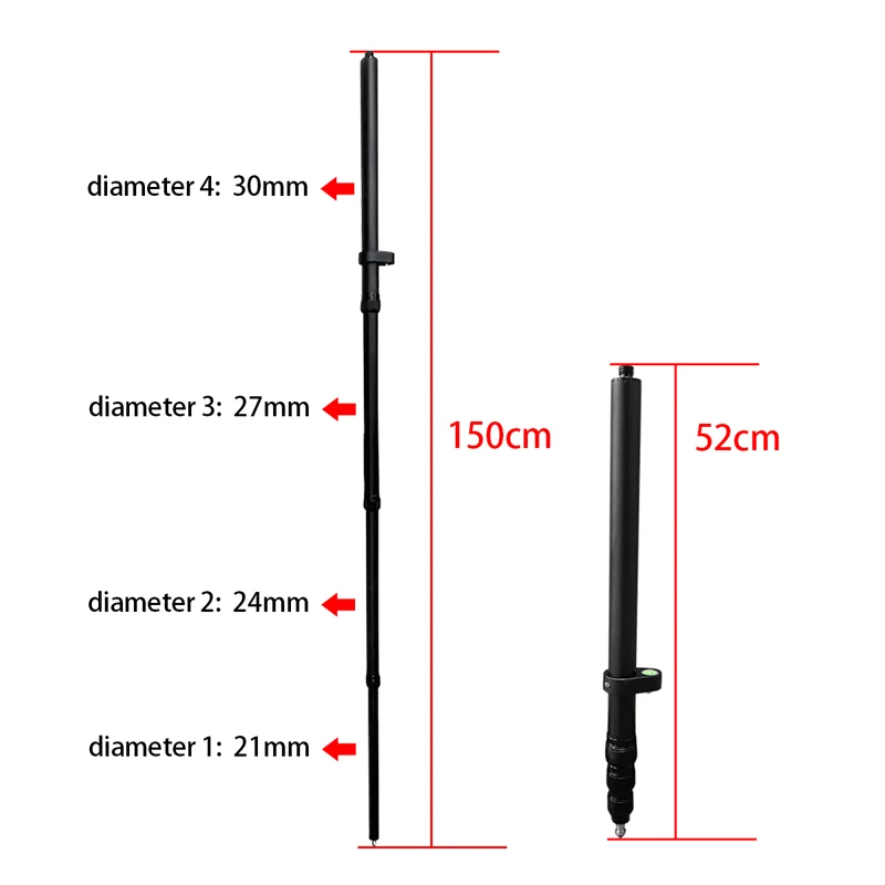 New Length 52-150cm Carbon Fibre Portable Four Sections Telescopic Pole Black Aluminum Alloy Measuring Mapping Rod For GPS Prism