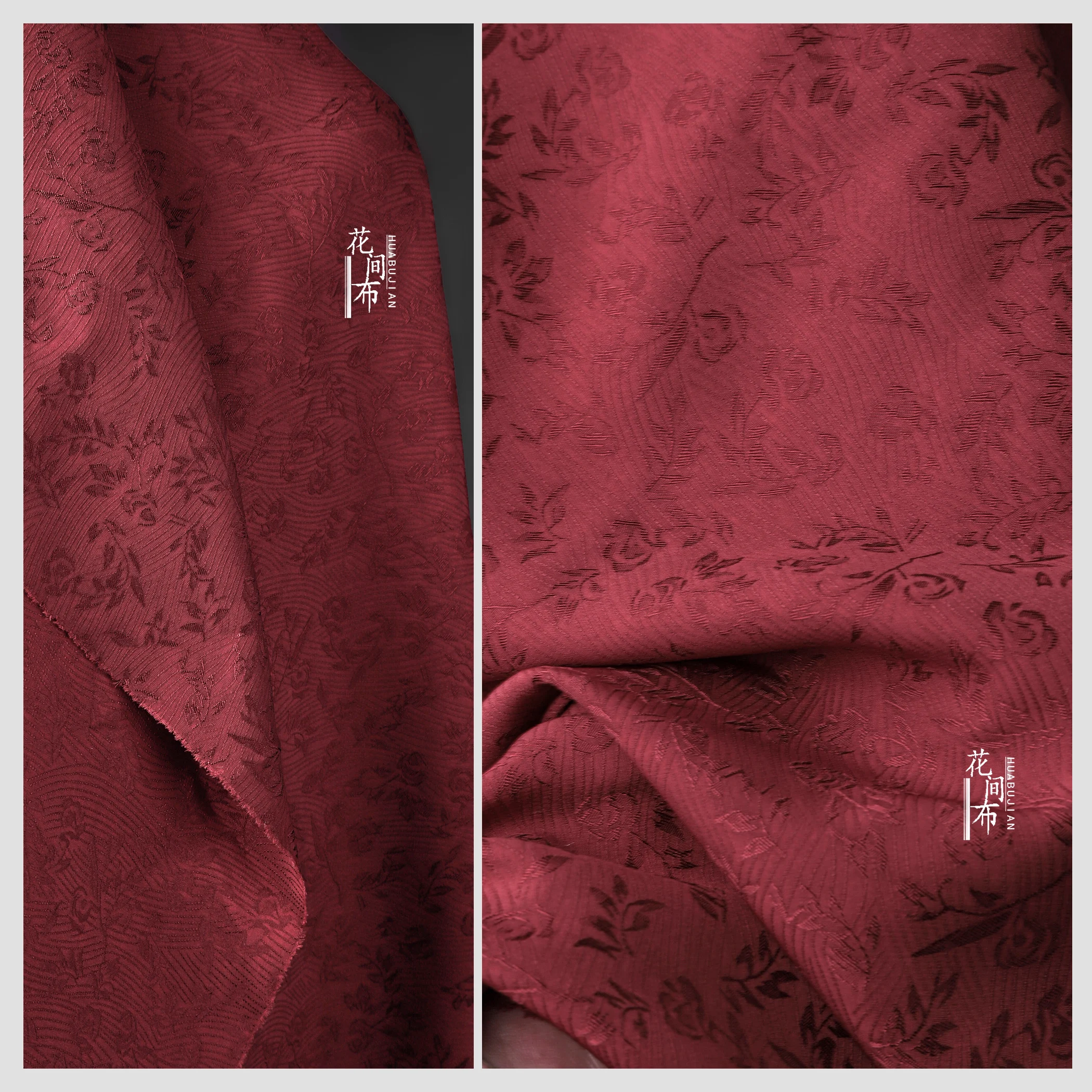 

Deep Red Small Branches Floral Jacquard Fabric Embroidered Cheongsam Dress Hanfu Designer Diy Sewing Material Cloth