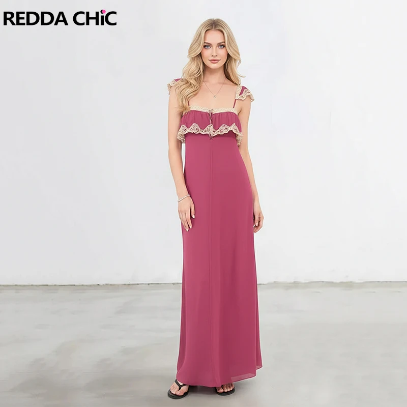 

Летнее платье REDDACHiC Coquette розового цвета из шифона с пуговицами, рукавами-крылышками, кружевной отделкой, оборками, квадратным вырезом, макси-длина, струящееся, женская одежда