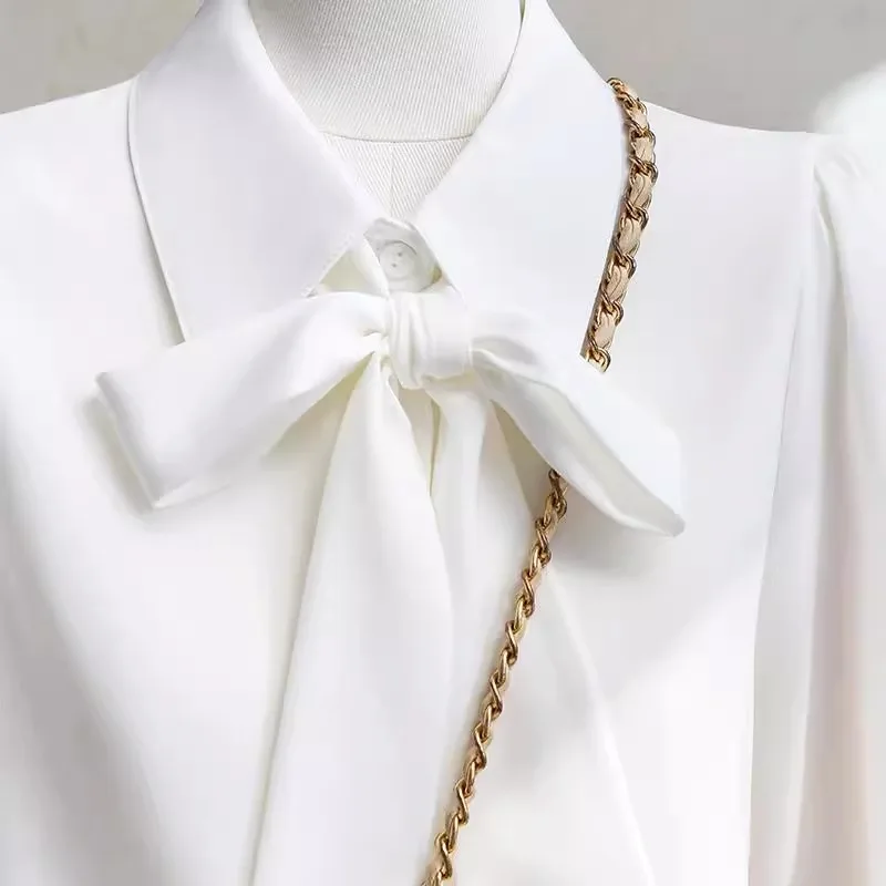 Camisa Larga de Gasa con Nudo Blanco para Mujer, Nueva Camisa Informal de Primavera y Otoño para Entrevistas de Trabajo, Estilo Holgado