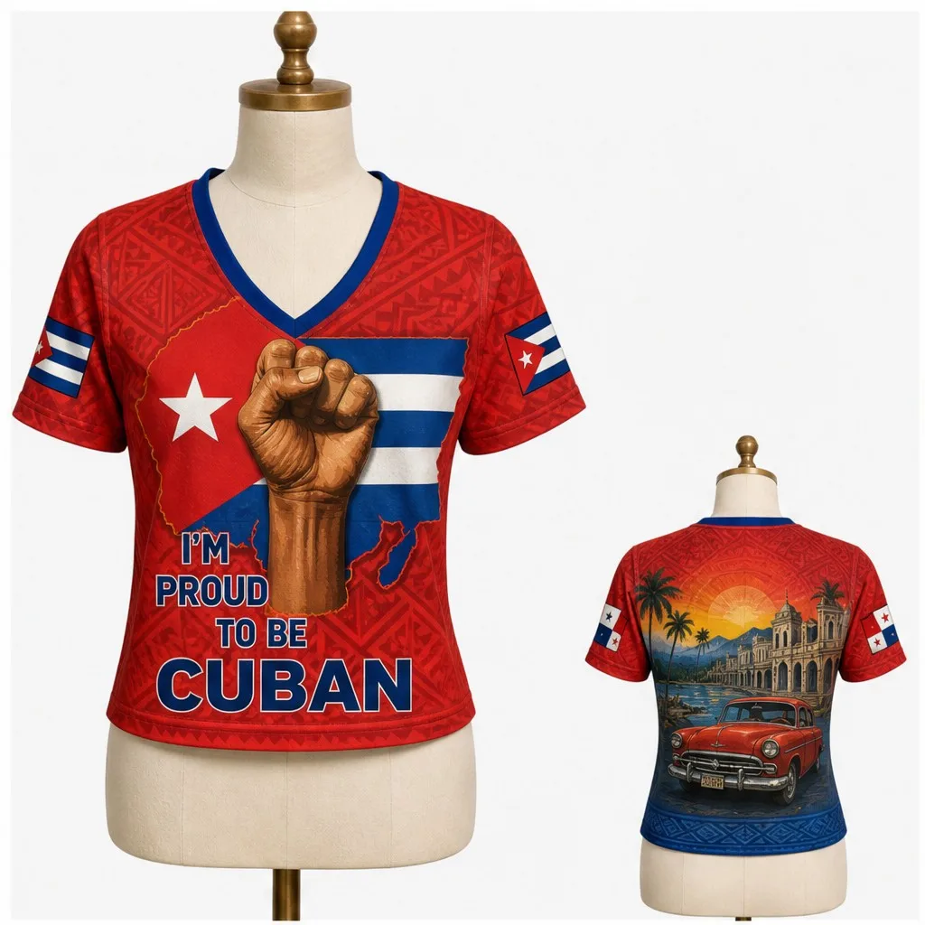 Womens Cuba V Neck Short Sleeve Crop Top Proud Fist City Car Graphic Casual Summer Shirt for Street Travel Festival Daily Outfit