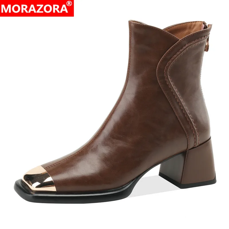MORAZORA Size 34-42 Genuine Leather High Heels Boots Women Shoes Zipper Thick Heels Metal Square Toe Fashion Ankle Boots