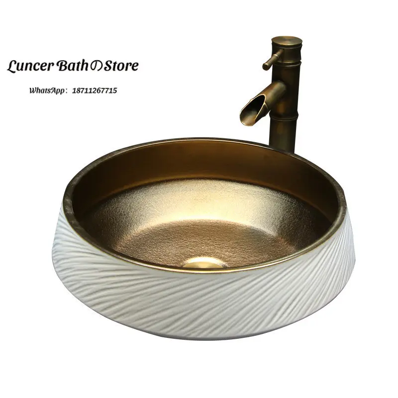 Small Bathroom Friendly Round Large Gold Ceramic Vessel Basin European American Thai Decor Countertop Wash Sink