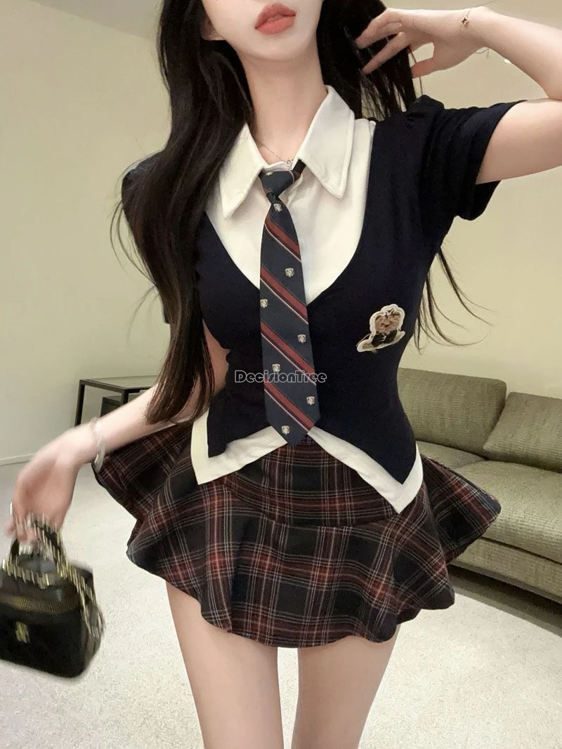 2025 nuove donne estate corea giappone moda jk uniforme camicia a maniche corte, top gonna a quadri set due pezzi sexy dimagrante jk set