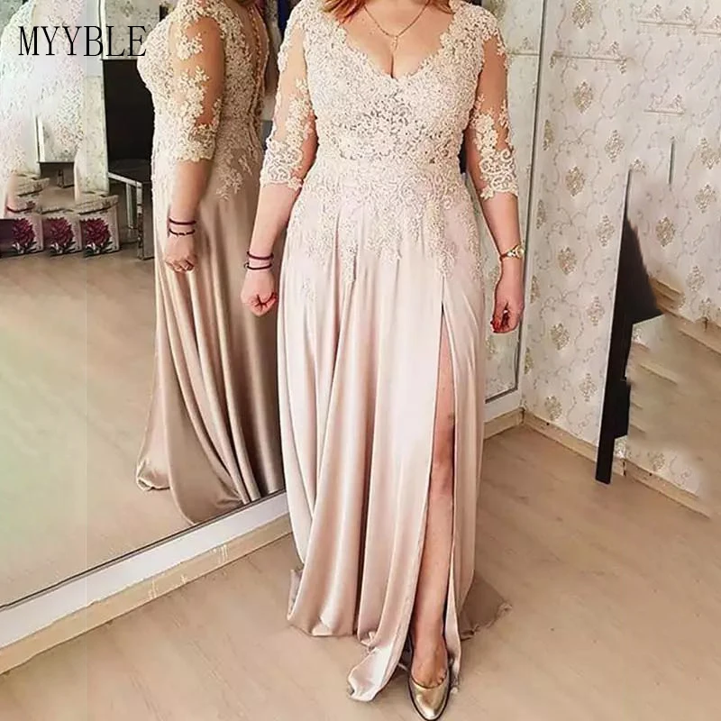 Customized  Mother Of The Bride Dresses Champagne Long Sleeves Side Split Wedding Party Dress 2022 Vestidos De Novia Custom Made