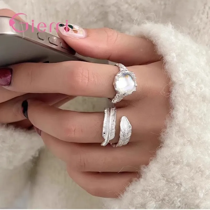 

Temperament 925 Sterling Silver Oval Moonstone Rings for Women Adjustable Open Finger Ring Party Fashion Jewelry Gifts Accessory
