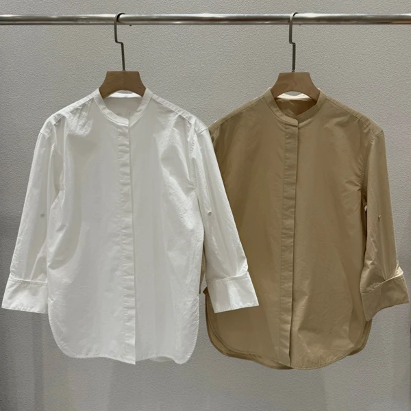 

Autumn Winter New Style Pure Cotton Loose Fit Long Sleeve Stand Collar Shirt Versatile Basic Color Women's Top