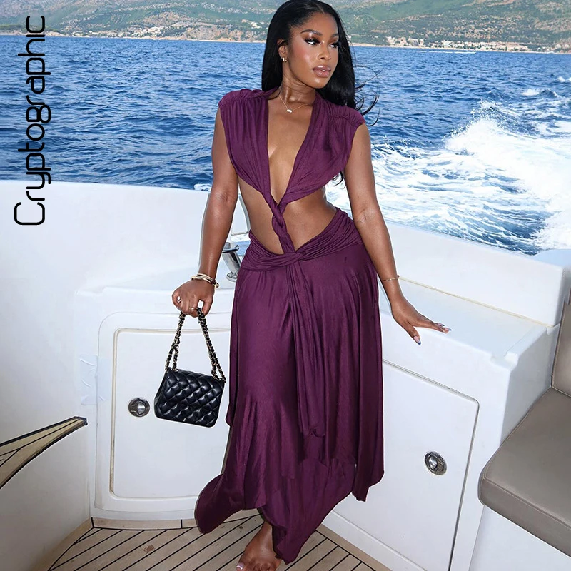 

Cryptographic Deep-V Holiday Midi Dress Summer Waistless Backless Sleeveless Soft-Touch Drape Separable Top and Skirt Vacations