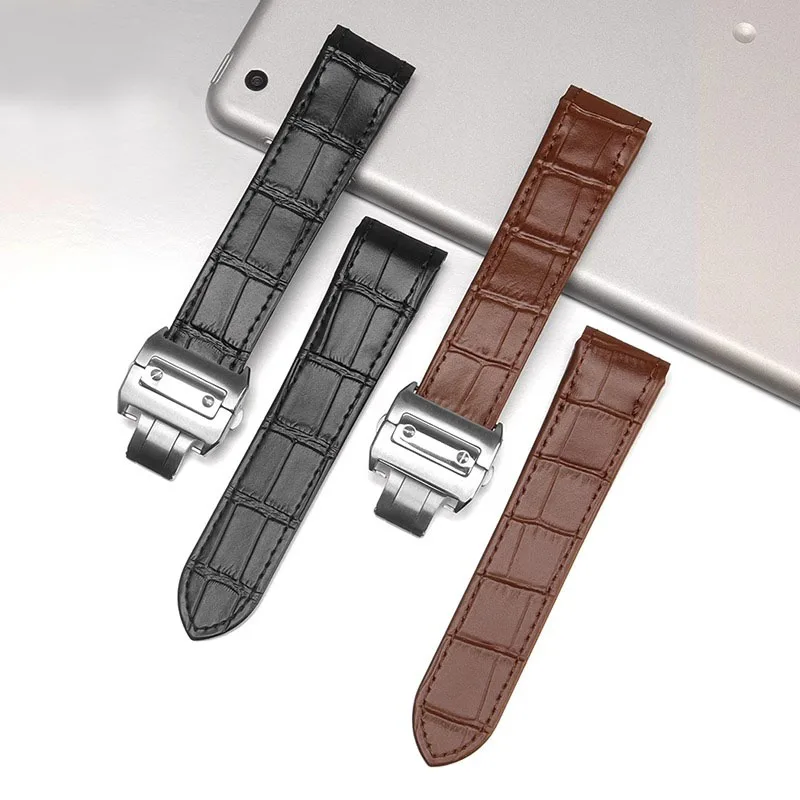 Black Brown Genuine leather Wristband substitute For Cartier Santos 100 male and female folding buckle wristband 20mm 23mm