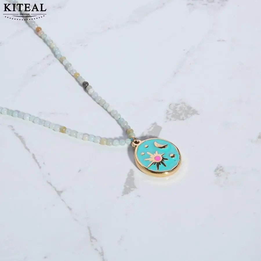 KITEAL Hot Sale Gold Plated pendant necklace for female olored Glazed Star Moon Pendant multi-layer necklaces bone