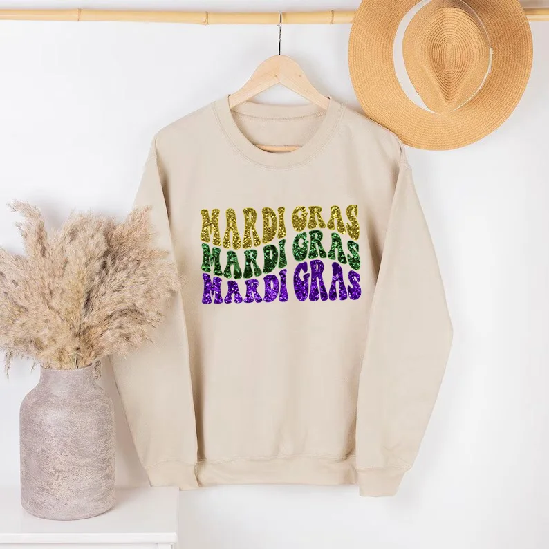 Mardi Gras Glitter Sweatshirts Glitter Mardi Gras Sweatshirts Women Retro Mardi Gras Crewneck Sweatshirt top